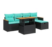 HETFTJN Set di 6 divani da giardino in polyrattan nero con tavolo d'acacia, 100 cm, resistente alle intemperie, per piccoli balconi, terrazze e giardini grandi