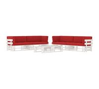 HETFTJN Set di 6 pallet in legno di pino impregnato bianco con cuscini rossi, set divano da giardino con 2 tavoli e 4 moduli angolari per terrazza, giardino e soggiorno