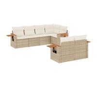 HETFTJN Set di 7 divani da giardino, beige, 62 x 62 cm, in polyrattan con legno di acacia, spazio e cuscino bianco crema, per giardino, terrazza, balcone