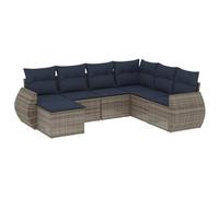 HETFTJN Set di 7 divani da giardino in polyrattan grigio, 62 x 62 x 69 cm, con cuscini blu navy, mobili modulari moderni per balcone, terrazza, giardino, esterni