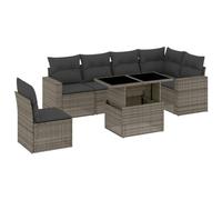 HETFTJN Set di 7 pezzi da giardino grigio polyrattan, tavolo in vetro regolabile in altezza, resistente alle intemperie, per balcone, salottino, cuscino spesso, modulare da giardino, terrazza
