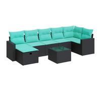 HETFTJN Set di 8 divani da giardino in polyrattan nero con cuscini blu, set lounge per terrazza ed esterni, set di mobili da giardino con vano portaoggetti, tavolo in vetro e poggiapiedi