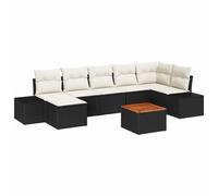 HETFTJN Set di 8 divani da giardino in polyrattan nero, resistente alle intemperie, modulare, 7 posti con accenti in legno di acacia, robusto telaio da giardino per terrazza, balcone e giardino