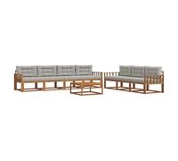 HETFTJN Set di 8 mobili da giardino in legno di acacia, divano modulare da esterno con 7 elementi centrali, 1 tavolino da caffè e cuscini grigi per giardino, terrazza e balcone, naturale e grigio
