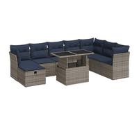 HETFTJN Set di 9 divani da giardino in polyrattan grigio con vano portaoggetti e cuscino blu marino, divano ad angolo, sgabello modulare, salvaspazio, per piccoli balconi, terrazzi, giardini