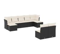 HETFTJN Set di 9 divani da giardino in polyrattan nero, 62 x 62 x 69 cm, angolo+divano centrale+sgabello, colore bianco crema, cuscino lavabile, moderno, robusto e durevole