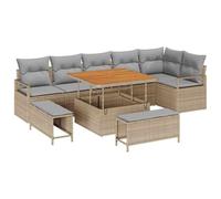 HETFTJN Set di divani da giardino, 9 pezzi, beige, polyrattan, legno di acacacia, modulare, resistente alle intemperie, set da 8 posti con tavolo per terrazza, balcone e giardino dal design moderno