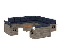 HETFTJN Set di divani da giardino da 14 pezzi, grigio con cuscini blu navy, in polyrattan, 62 x 62 x 69 cm, modulare per esterni, balcone, terrazza, mobili da giardino per piccole e grandi superfici