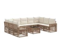 HETFTJN Set di divani da giardino in polyrattan, 10 pezzi, beige e bianco crema, gruppo lounge modulare con tavolo e cuscini per 9 persone, mobili da giardino resistenti alle intemperie per terrazza
