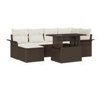HETFTJN Set di divani da giardino in polyrattan, 7 pezzi, colore marrone, set modulare da giardino con cuscini, tavolo in vetro e sgabello, set di sedute per 6 persone, mobili da esterno per giardino