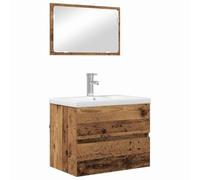 HETFTJN Set di mobili da bagno da 3 pezzi, effetto legno anticato, lavabo con lavabo da incasso da 61 cm e specchio, mobiletto sottolavabo sospeso con 2 cassetti, moderno set di mobili da bagno per il