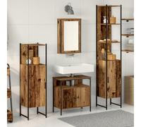 HETFTJN Set di Mobili da Bagno Salvaspazio in 4 Pezzi Legno Invecchiato Marrone Rettangolare con Armadio e Scaffale Design Rustico per Piccoli Spazi Interni Durevole