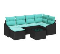 HETFTJN Set di mobili da giardino, 7 pezzi, in polyrattan con cuscini, set modulare da giardino con tavolo regolabile e spazio per riporre oggetti, per terrazza e balcone, colore nero