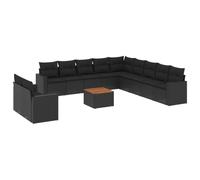 HETFTJN Set di mobili da giardino da 12 pezzi, nero, in polyrattan, divano ad angolo, con braccioli, tavolo da giardino, spazio in legno di acacia, modulare, salvaspazio, robusto, per piccoli balconi