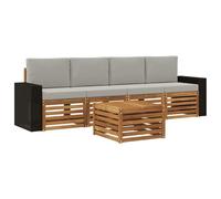 HETFTJN Set di mobili da giardino da 5 pezzi con cuscini, divano da esterno in legno massello di acacia, lounge modulare per terrazza e giardino, superficie laccata, naturale e grigio chiaro