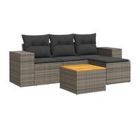 HETFTJN Set di mobili da giardino da 5 pezzi, con cuscino, in polyrattan, grigio, con tavolo in legno di acacia, set modulare per terrazza, balcone e esterni