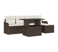 HETFTJN Set di mobili da giardino da 6 pezzi, in polyrattan, per giardino, terrazza, balcone, set di sedute con cuscini, tavolo e sgabello, marrone, 5 persone, modulare