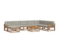 HETFTJN Set di mobili da giardino da 9 pezzi con cuscino, in legno massiccio di acacia, divano angolare per giardino, terrazza e balcone, con tavolo e sgabello, naturale e grigio chiaro