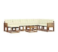 HETFTJN Set di mobili da giardino in legno di acacia, 9 pezzi, con cuscini, moderno set lounge per terrazza e giardino, naturale e crema, include tavolo, sgabello e sette elementi divano