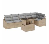 HETFTJN Set di mobili da giardino in polyrattan, 7 pezzi, con tavolo e cuscini, set modulare da giardino per terrazza e balcone, beige e grigio chiaro, 288,5 x 123,5 x 85 cm