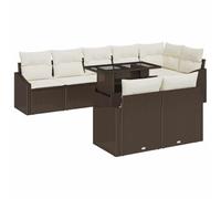 HETFTJN Set di mobili da giardino in polyrattan, 9 pezzi, con vano portaoggetti, divano da giardino modulare con tavolo e cuscini, divano angolare per giardino e terrazza, marrone e crema, 288,5 x