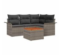 HETFTJN Set di mobili da giardino in polyrattan grigio, 5 pezzi, con tavolo da giardino e vano portaoggetti integrato, set di mobili da giardino per terrazza ed esterni, dettagli in legno di acacia