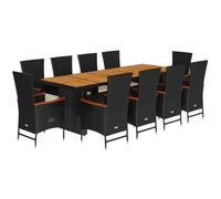 HETFTJN Set di mobili da giardino in rattan, 11 pezzi, per 10 persone, con sedie regolabili e piano in legno di acacia, colore nero, 240 cm