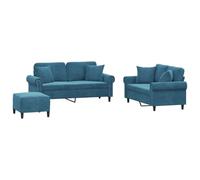 HETFTJN Set Divani 3 Pezzi in Velluto Blu con Poggiapiedi e Cuscini | Salotto completo con due divani a 2 posti e pouf coordinato, ideale per arredare il soggiorno con comfort e stile moderno.