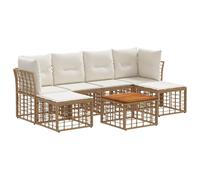 HETFTJN Set Divani da Esterno 7 Pezzi in Polyrattan Legno Acacia Naturale | Salotto modulare composto da tavolo in acacia, divani e poggiapiedi per vivere il patio, giardino o terrazzo in 6 persone.