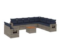 HETFTJN Set Divani da Giardino 11 pz in Polyrattan Grigio con Cuscini | Salotto modulare da esterno per terrazzo e patio con tavolino ad aria sul bracciolo e piano del tavolo in legno di acacia.