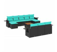 HETFTJN Set Divani da Giardino 11 pz in Polyrattan Nero con Cuscini Blu | Salotto modulare da esterno per giardino e terrazzo con tavolo in acacia e tavolino laterale con molla a gas sui braccioli.