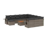 HETFTJN Set Divani da Giardino 13 Pezzi in Polyrattan Grigio per Esterno | Salotto modulare da esterno per terrazzo e patio con tavolino pieghevole con molla a gas e piano in legno di acacia.