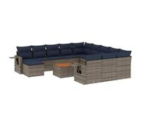 HETFTJN Set Divani da Giardino 13 pz in Polyrattan Grigio con Cuscini | Salotto modulare da esterno per terrazzo e patio, dotato di tavolino pieghevole bracciolo e piano in legno di acacia.