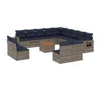 HETFTJN Set Divani da Giardino 14 pz in Polyrattan con Cuscini Grigio | Salotto modulare da esterno per terrazzo e cortile con tavolino in legno d acacia e pratico bracciolo pieghevole.