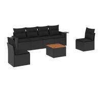 HETFTJN Set Divani da Giardino 7 Pz in Polyrattan con Cuscini Nero | Tavolino laterale pieghevole con molla a gas e piano in legno di acacia per cortile e terrazzo