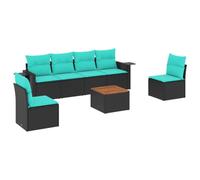 HETFTJN Set Divani da Giardino 7 pz in Polyrattan Nero con Cuscini Blu | Salotto modulare da esterno per terrazzo e cortile con tavolino in legno d acacia e ripiano pieghevole laterale integra.