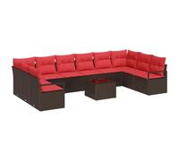 HETFTJN Set Divano da Giardino 11 Pezzi in Polyrattan Marrone e Rosso | Salotto componibile da esterno a 8 posti per terrazzo, patio o balcone con borsa protettiva e tavolo coordinato.