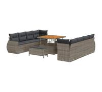 HETFTJN Set Divano da Giardino Modulare 11 Pezzi in Polyrattan Grigio | Salotto componibile da esterno per terrazzo con tavolo in legno di acacia, pouf e cuscini imbottiti per dieci persone.
