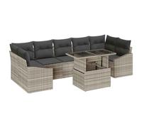 HETFTJN Set Divano da Giardino Modulare 8 Pezzi Poly Rattan Grigio | Salotto modulare 7 posti per terrazzo e giardino con tavolo in vetro regolabile e vani salvaspazio negli ottomani.