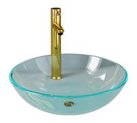 HETFTJN Set lavabo rotondo in vetro temperato con rubinetto e scarico pop-up, design elegante, set completo per bagno e WC degli ospiti, trasparente e oro
