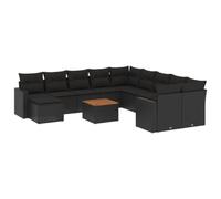 HETFTJN Set lounge da giardino in rattan sintetico, 12 pezzi, nero, 62 x 62 x 69 cm, divano angolare e centrale modulare, per balcone, terrazza e giardino, con tavolo in legno di acacia
