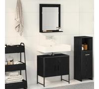 HETFTJN Set Mobile Bagno 2 Pezzi Legno Ingegnerizzato Nero Rovere Salvaspazio con Specchio, Mobiletto Bagno Basso e Armadio Salvaspazio Stretto per Interni Moderni
