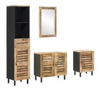 HETFTJN Set Mobile Bagno 4 Pezzi Legno Massello Mango Naturale con Specchio | Soluzione salvaspazio a parete in legno di mango naturale con specchio e pomelli in ottone per bagni moderni.