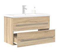 HETFTJN Set Mobile Bagno Salvaspazio con Lavabo 2 Pezzi, Legno Multistrato Rovere Sonoma, Armadietto Sottolavabo 80x38.5x48cm e Lavello Ceramica Bianco 81x39x18cm, Design Moderno per Piccoli Spazi
