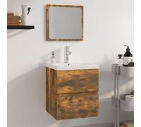 HETFTJN Set Mobile Bagno Salvaspazio con Specchio e Lavabo Incorporato Rovere Fumo Legno Multistrato per Ottimizzazione Spazio in Bagno Compatto