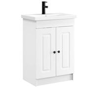 HETFTJN Set Mobile da Bagno con Lavabo e Rubinetto Bianco 2 Pezzi | Mobiletto salvaspazio da bagno in legno ingegnerizzato con manopole nere in metallo e ripiano interno per accessori.