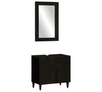 HETFTJN Set Mobili Bagno 2 Pezzi Legno Massello Mango Nero con Specchio, Mobiletto Lavello Salvaspazio 62x33x58cm Design Intagliato a Mano per Bagno