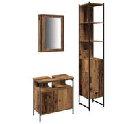 HETFTJN Set Mobili Bagno 3 Pezzi con Specchiera Lavabo Legno Vecchio | Soluzione salvaspazio per bagno moderno con specchiera sospesa, colonna alta e mobile sottolavabo capiente.