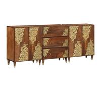 HETFTJN Set Mobili Bagno 3 Pezzi in Legno Massello di Mango Credenza con 4 Porte e 3 Cassetti 60x33x75 cm Design Elegante Intarsi Floreali per Interni Bagno Soggiorno Sala da Pranzo