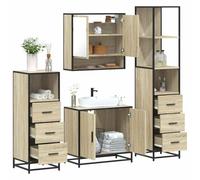 HETFTJN Set Mobili Bagno 4 Pezzi con Armadietto Specchio, Mobile Lavabo, Armadio Basso e Alto in Legno Rovere Sonoma per Bagni Piccoli, Struttura Metallo Stabile e Design Salvaspazio